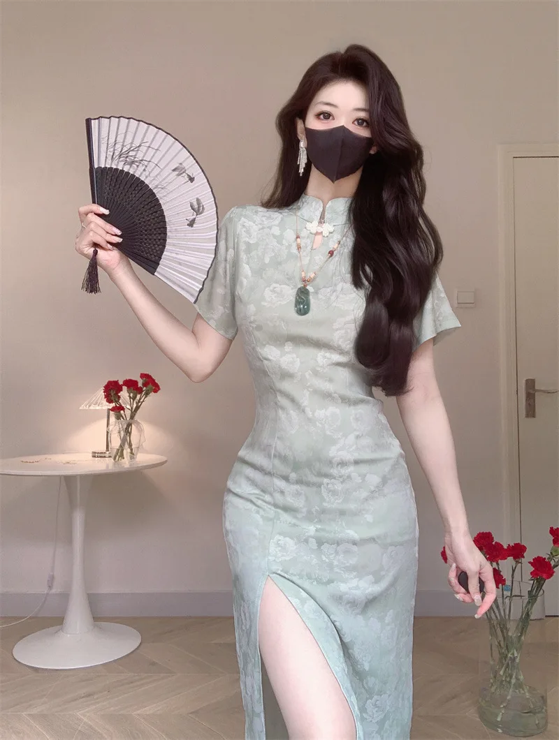 

2023 New Chinese Style Cheongsam Green Women Long Dress Vintage Slim Qipao Wedding Evening Dresses S To XXL