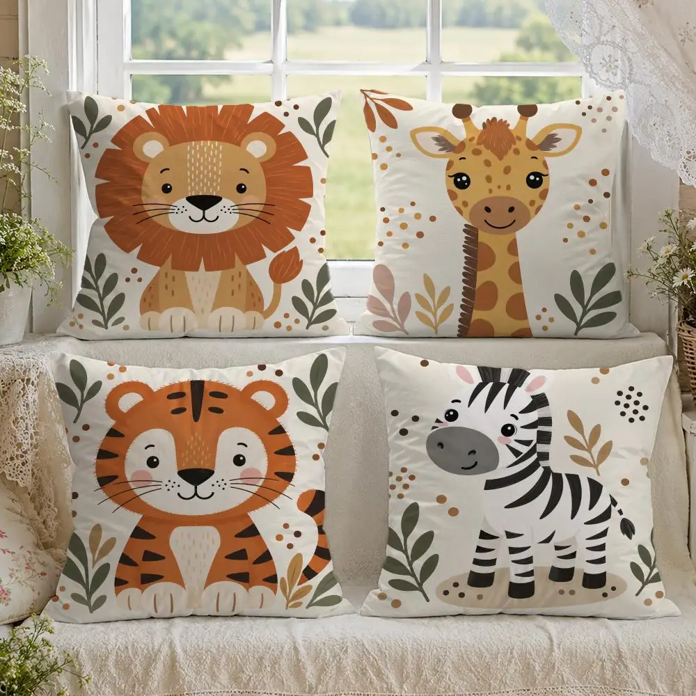 Cartoon Giraffe Tiger Lion Zebra Cushion Cover 1/4PCS Linen Sofa Couch Bedroom Living Room Home Office Decor Pillow Case