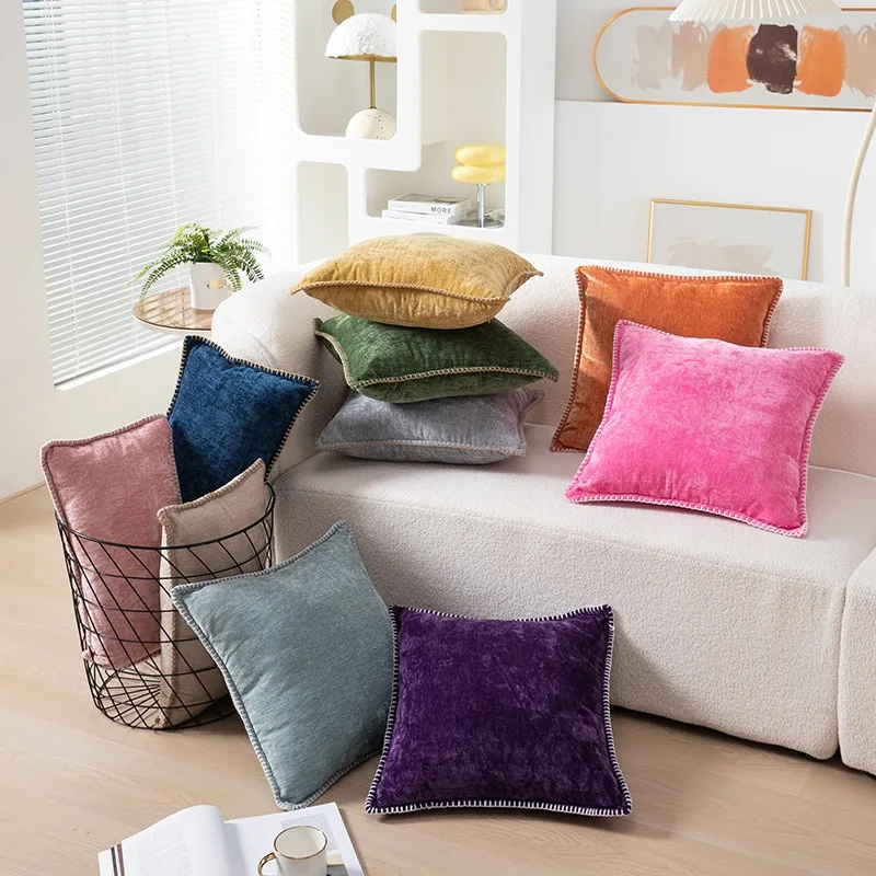 Solid Color Blue Chenille Throw Pillow Case Luxury Lumbar Pillowcase for Bed Sofa Couch Cushion Cover with Stitched Edge Home