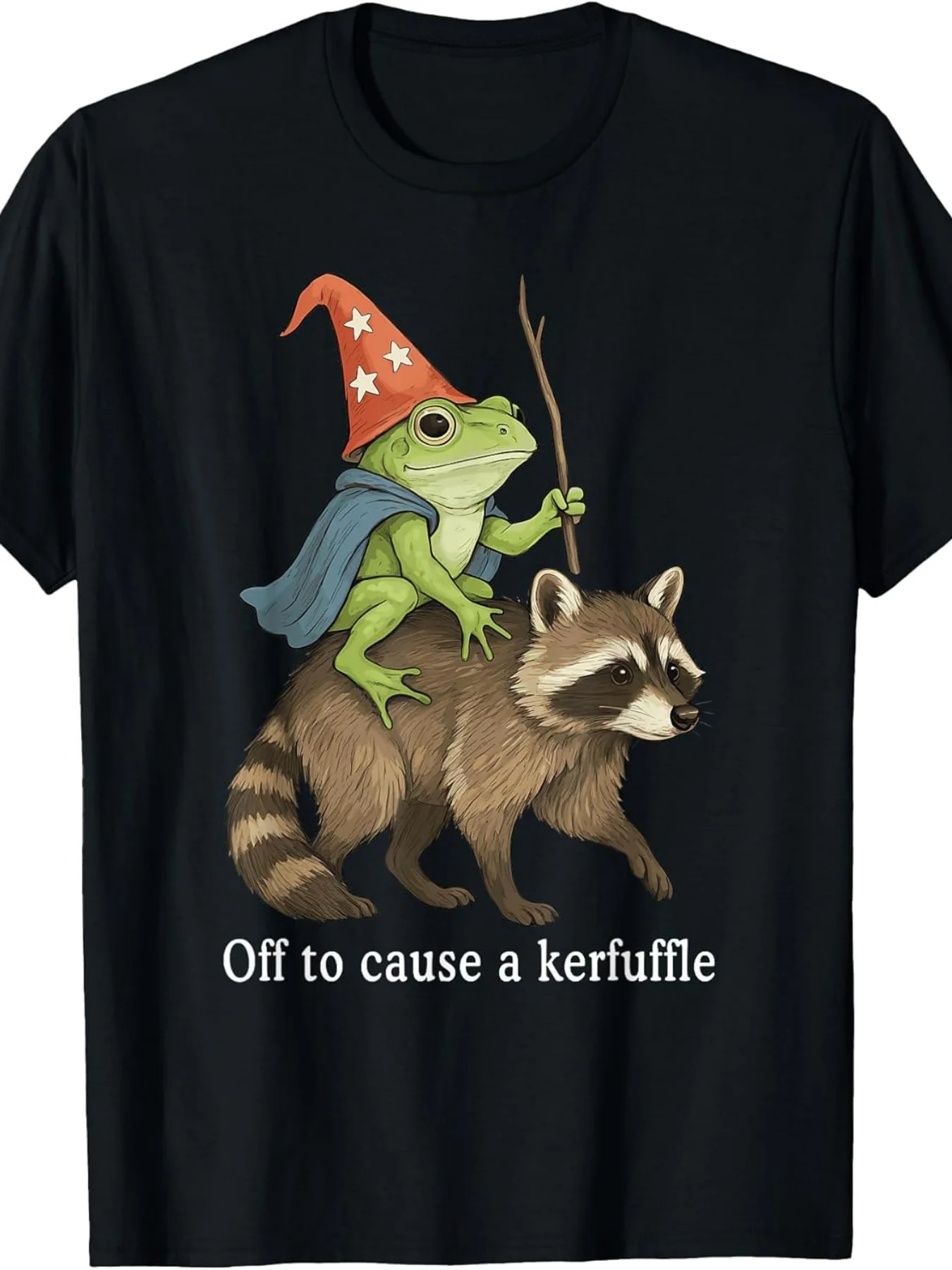 Fantasy Frog Wizard Riding Raccoon Off to Cause a Kerfuffle T Shirtfashion Boutique T Shirt Casual WearPattern Print Crew Neck T Shirt Gift