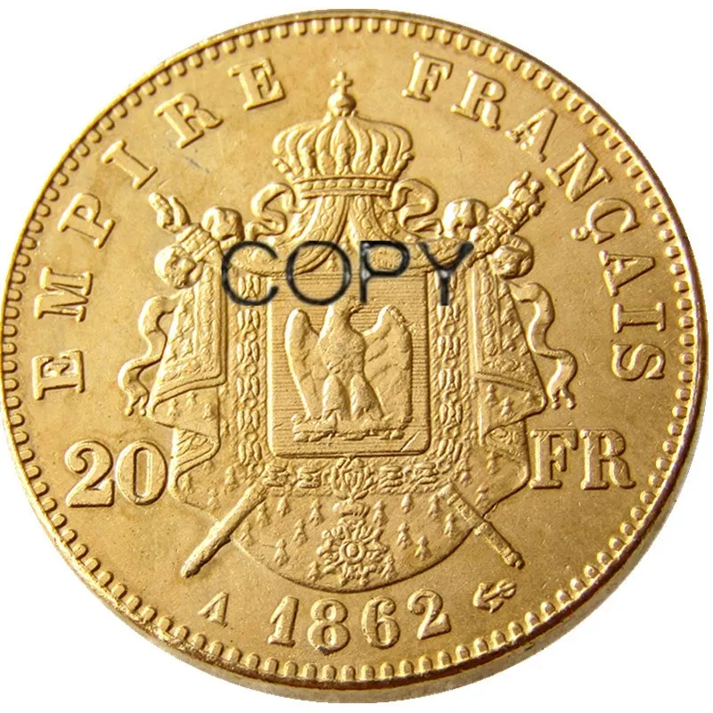 France 1862A/B 20 Francs Napoleon III Gold Plated Copy Coins