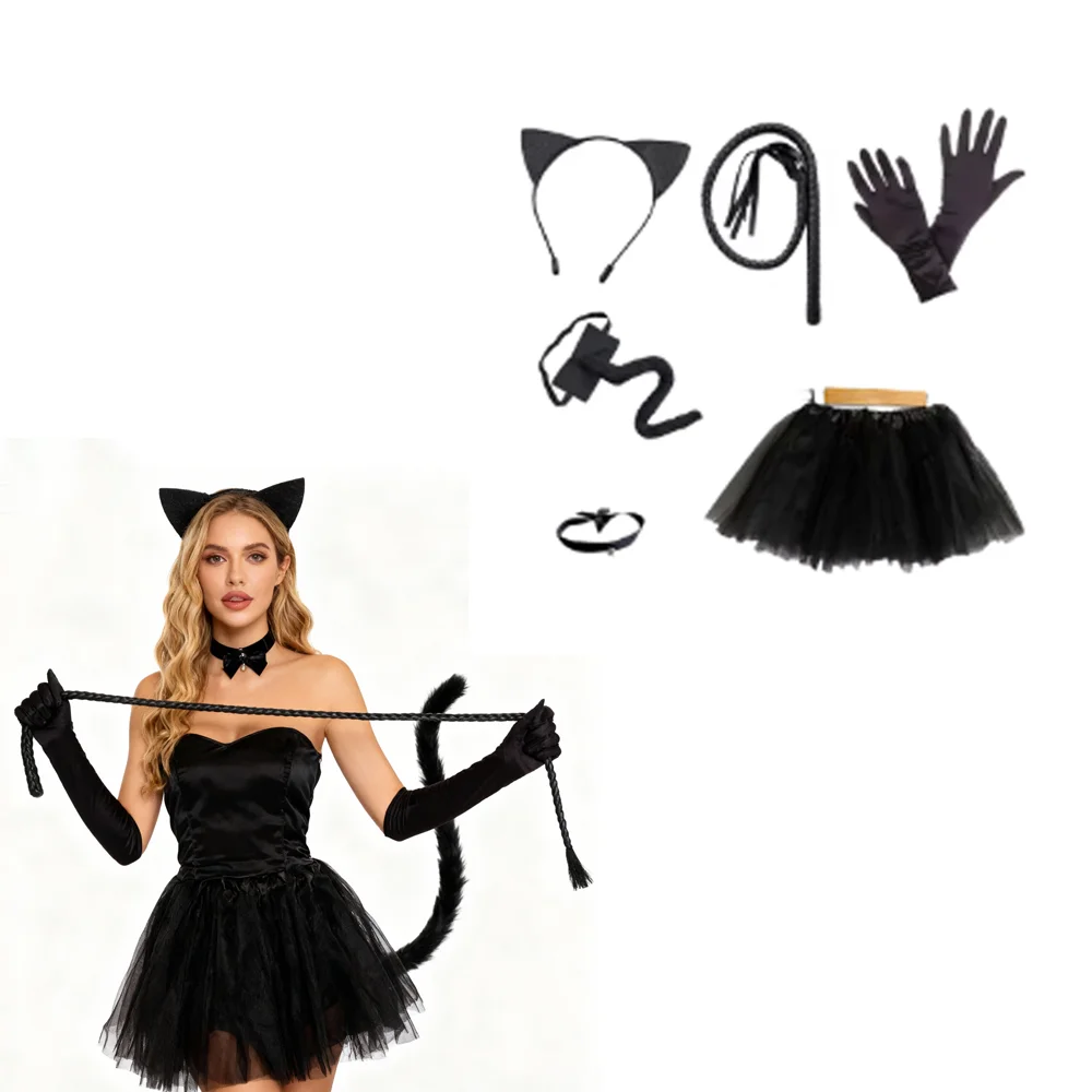 

Костюм кошки PESENAR для женщин-маскарада, ажурные носки, кружевная повязка на голову с кошачьими ушками, перчатки, хвост, колье-колье