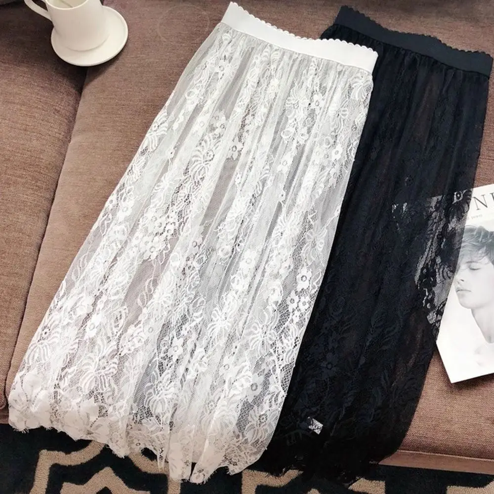 

Модная тонкая длинная юбка из ледяного шелка с кружевом, на высокой талии, эластичная, однотонная, сетчатая, с цветочным узором, базовая, для лета