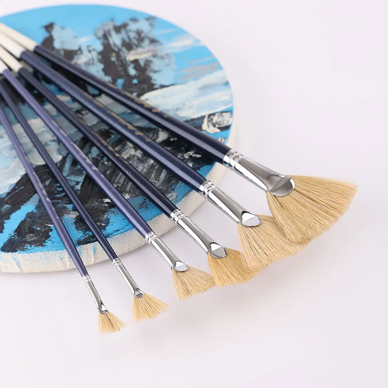 Blaues, langes, fächerförmiges Pinselset mit Borsten für Gouache, Aquarell, Acryl und Ölmalerei, Malutensilien – Detail 1