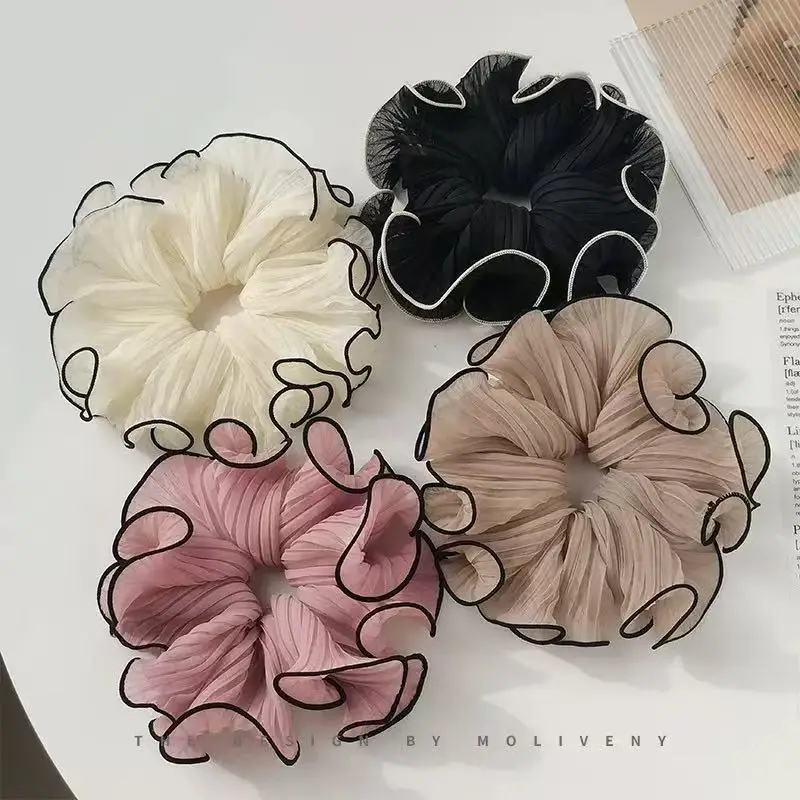 

4Pcs New Korean Retro Folded Chiffon Oversize Scrunchies Women Sweet Temperament Fashion Exaggerated Hair Band Hair Accessorie