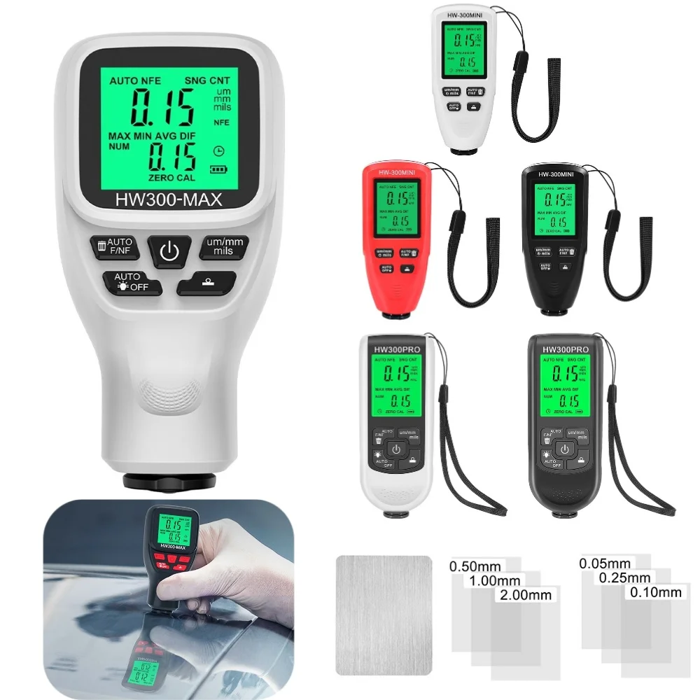 HW300-MAX Car Paint Film Automatic Thickness Gauge 0-2000UM Fe & NFe Auto Power Off Car Coating Thickness Tester Automotive Tool