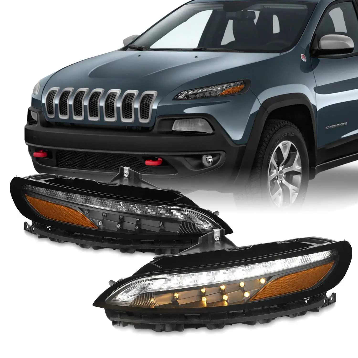 

For Jeep Cherokee 2014-2018 KL LED Daytime Running Lights DRL w/Turning Signal Lamps Black Housing