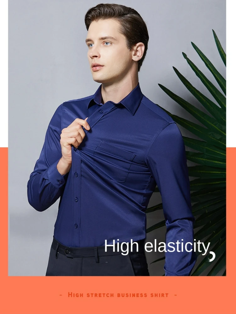 Work Clothes Silky Elastic Shirt Men's Long Sleeved Professional Clothing Work Shirt Anti Woven Spandex Solid Color Shirt Logo