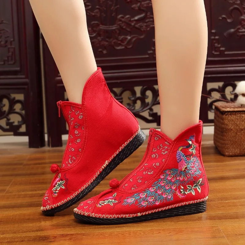 Ankle Boots for Women New Spring and Autumn Flat Bottom Cloth Shoes Ethnic Style Low Barrel Short Boots Embroidered Shoes Women