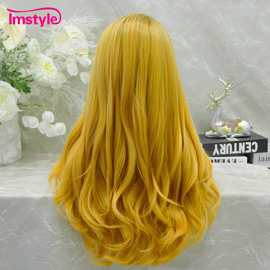 Imstyle Synthetic Wig For Cosplay Wig Yellow Long Natural Wavy Wigs Women Wig Dark RootHeat Resistant Fiber