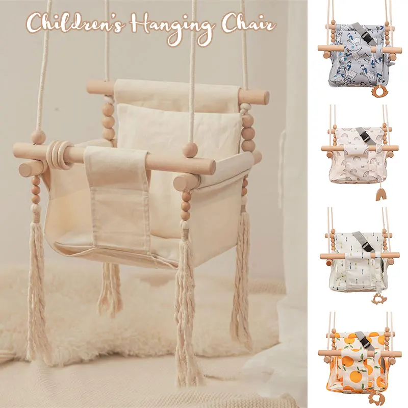 Natural Wood Baby Swing Indoor Outdoor Garden Canvas Hanging Child Hammock Small Basket Safe Recreation Kids Toy Rocker Chair