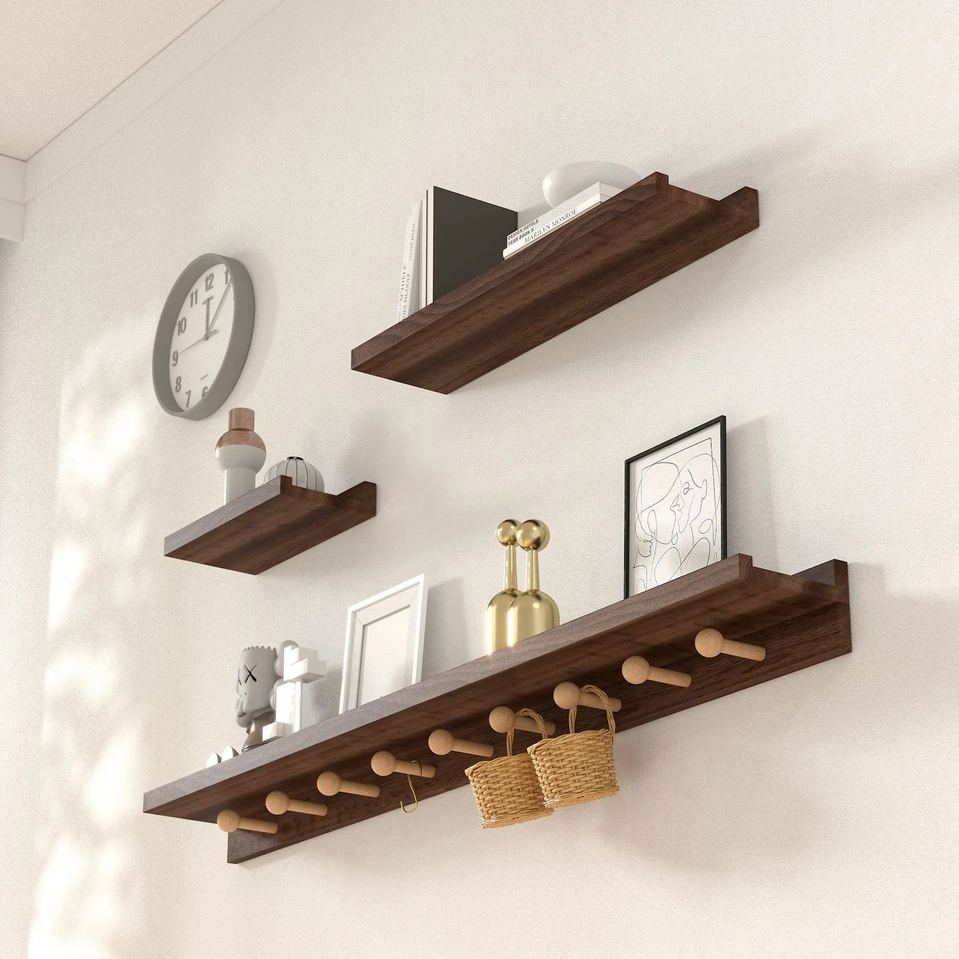 Wall rack with mushroom row hook Nordic simple wall hanging solid wood one-word board perforated shelf factory direct sales