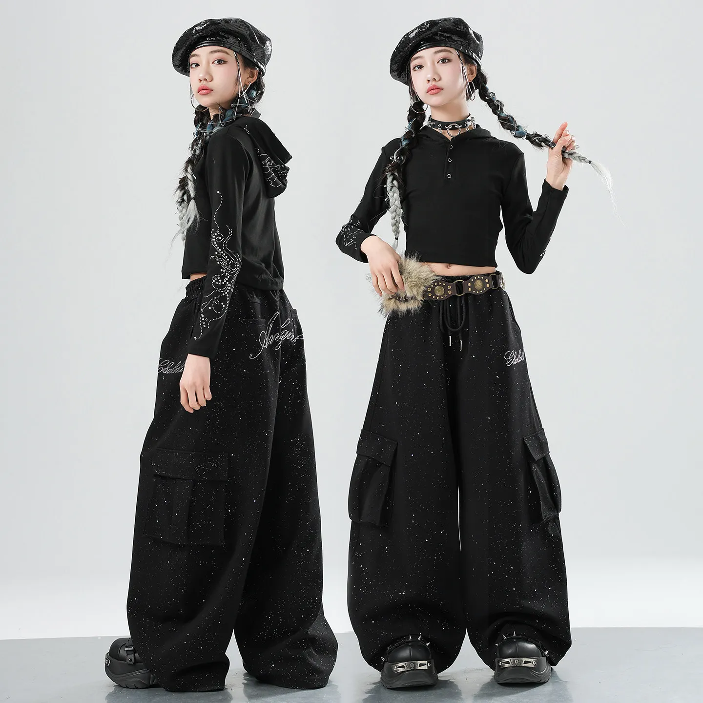 

2026 Kids Modern Jazz Dance Costumes For Girls Black Hooded Long Sleeve Loose Pants Suit Ballroom Hip Hop Dance Clothes XH4185