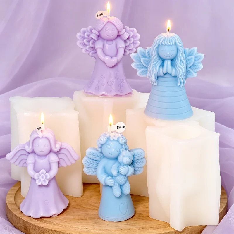Angel Hugging Teddy Bear Silicone Candle Mold Cherub Bear Flower Heart  DIY Aroma Resin Soap Plaster Mould Baby Shower Home Dec - view 2