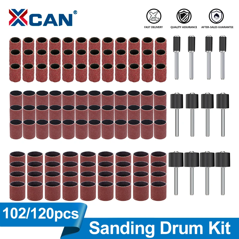 XCAN 102/120 Stück Schleiftrommel-Set, Schleifbänder und -hülsen mit Trommelstiften, Körnung 60/80/120/320, für Dremel-Rotations-Schleifwerkzeuge