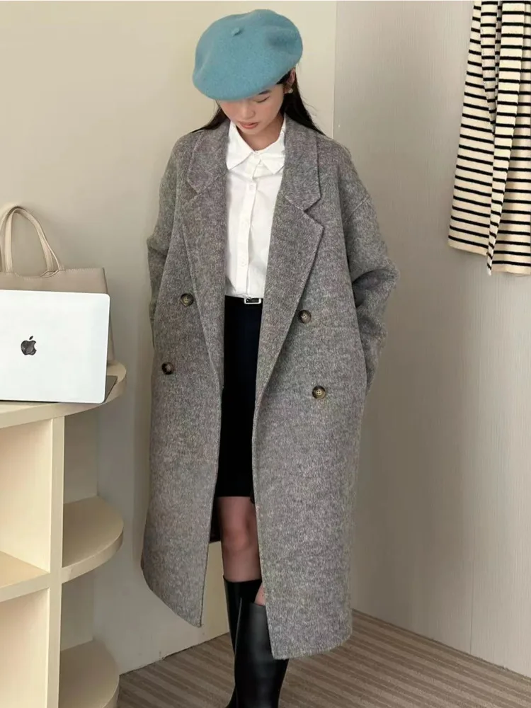ZMEENNA Cappotto lungo doppiopetto in misto lana da donna chic con risvolto dentellato e tasche Capispalla invernale caldo ZM3494