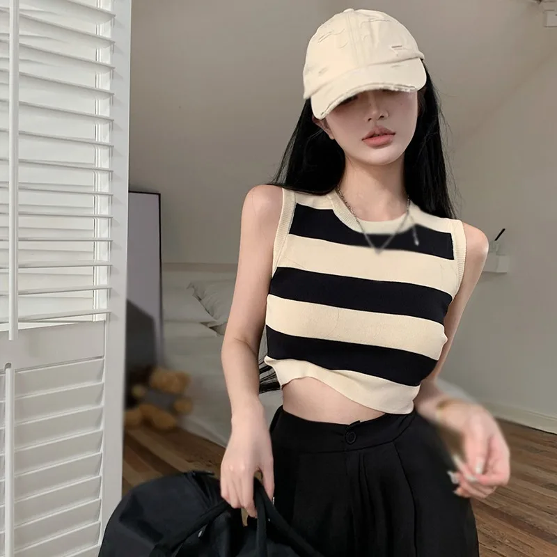 Knitted Striped Tanks Slim Crop Tops  Women Summer New Cool Ladies Street Wear Fashion All-match Retro Korean Style Chic Tops