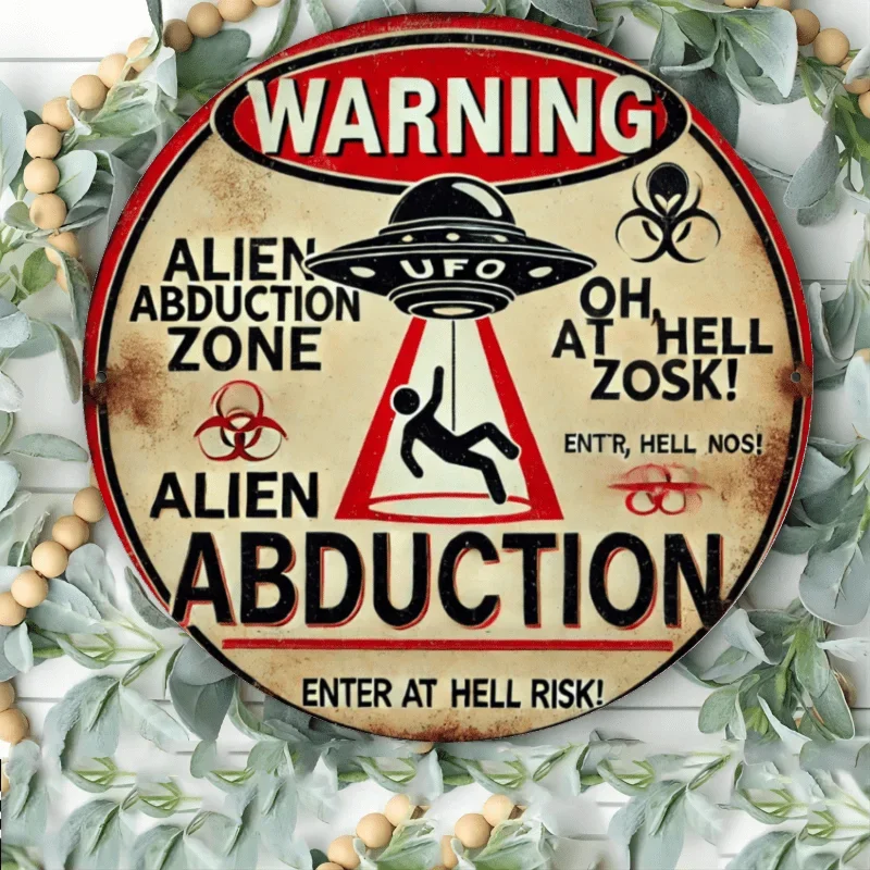 1pc Alien Abduction Warning Sign - 8x8 Inch Round Iron Aluminum Wall Decor for Home, Bar, Garden, Outdoor
