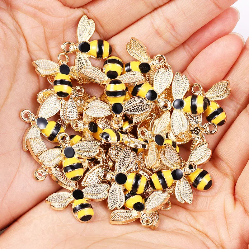 10Pcs 22*17mm Gold Colour Alloy Enamel Bee Pendant Oil Dripping Animal Charms for Jewelry Making DIY Necklace Earrings Accessory