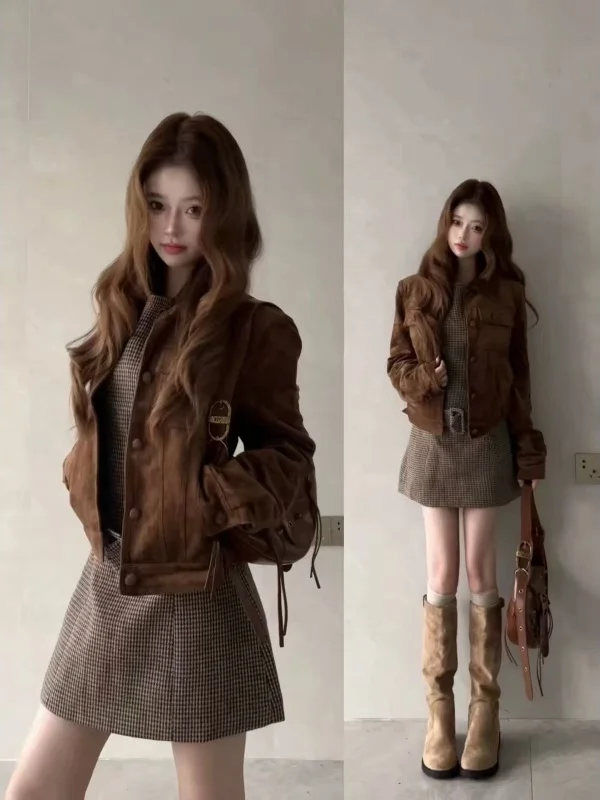 Retro Suede Short Jacket Women's Coffee Color Casual Style Long Sleeve Button Closure Outerwear Perfect for Autumn Winter