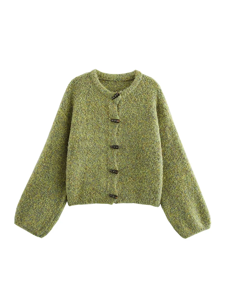 

Green loose lazy round neck horn button sweater jacket 2024 autumn new long sleeve age-reducing sweater for women