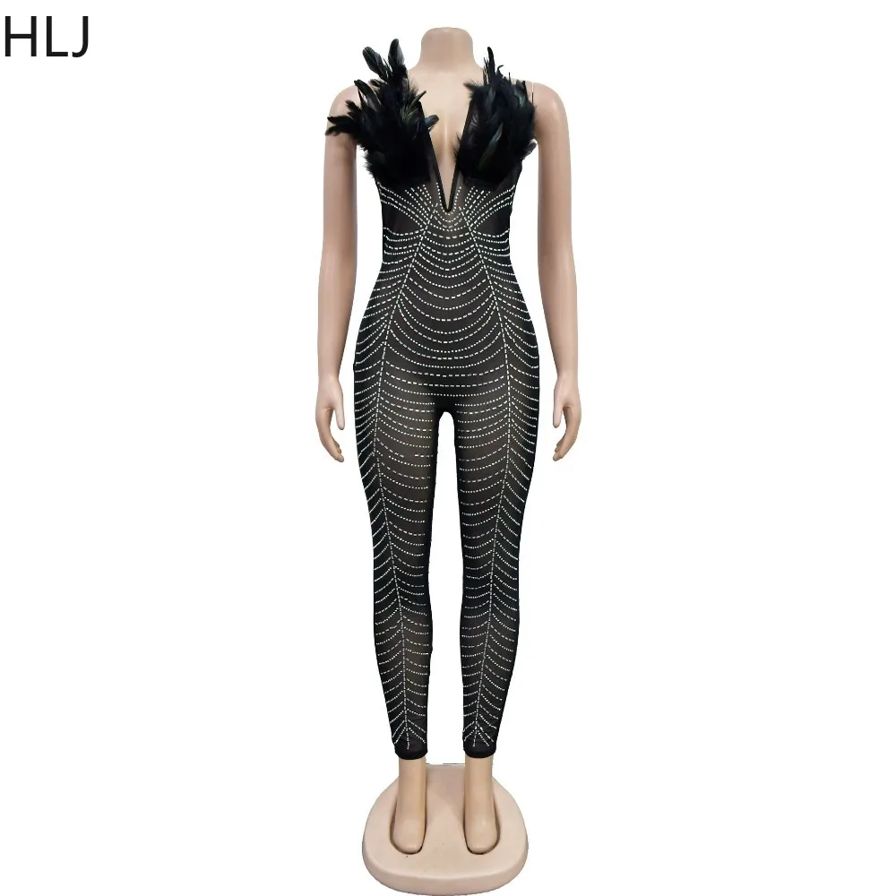 HLJ Sexy Feather Luxury Rhinestone Bodycon Jumpsuits Women Mesh Sleeveless Slim Party Nightclub Rompers Female One Piece Overall