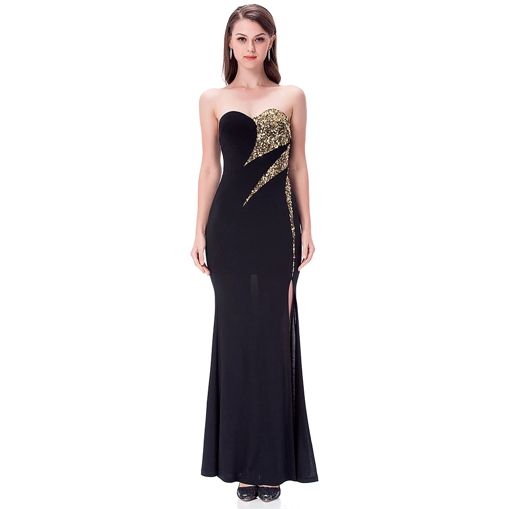 

Angel-fashions Women's Strapless Sweetheart Neck Bodycon Long Evening Black Dress Splicing Gold Sequin Split Formal Party Gown