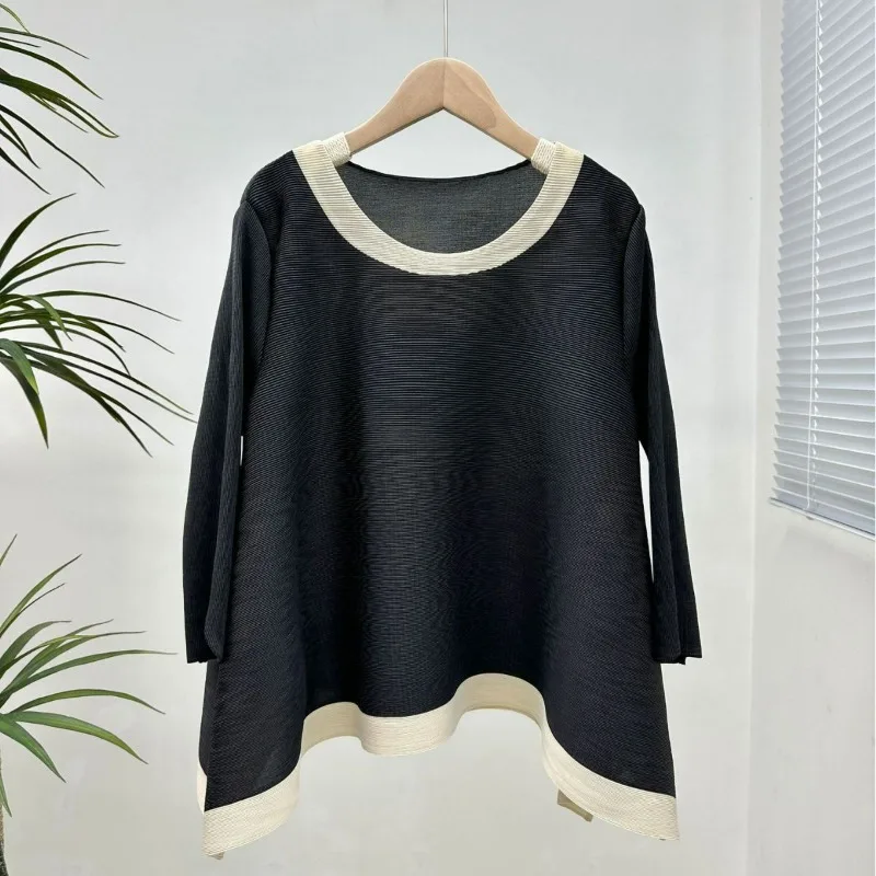 Miyake Pleated Fashion Colored Large Swing Round Neck T-shirt 2024 Spring/Summer Fashion Loose Slimming Long Sleeved Top