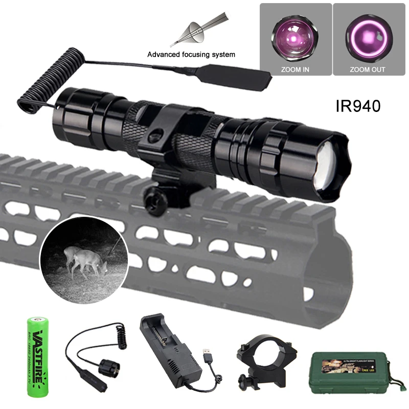 

Tactical 940nm IR light Night Vision Infrared Flashlight Zoomable LED Hunting Torch +18650 Battery+Charger+Scope Mount+Switch