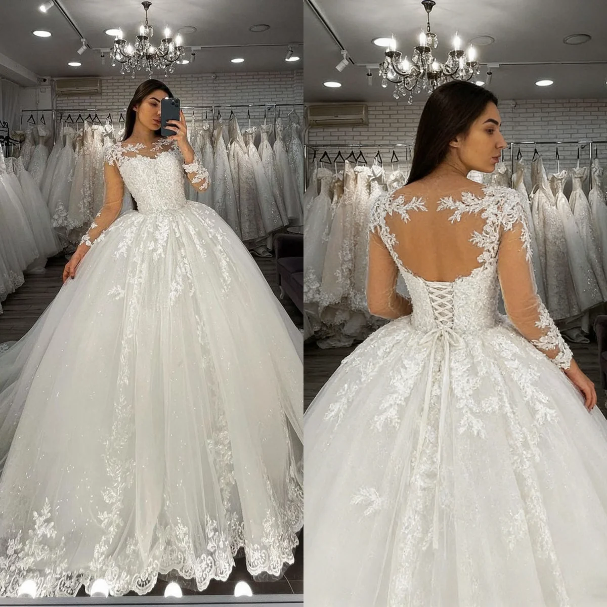 

Индивидуальное свадебное платье 2026 года, новое, белое, с пышной юбкой, круглым вырезом, длинными рукавами, сетчатыми кружевными аппликациями, открытой спиной на бретелях, Vestido De Novia