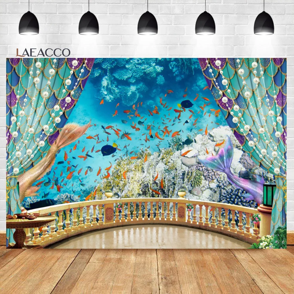 

Laeacco Dreamy Under Sea World Backdrop Fairy Tale Mermaid Colorful Coral And Fish Girl Birthday Portrait Photography Background