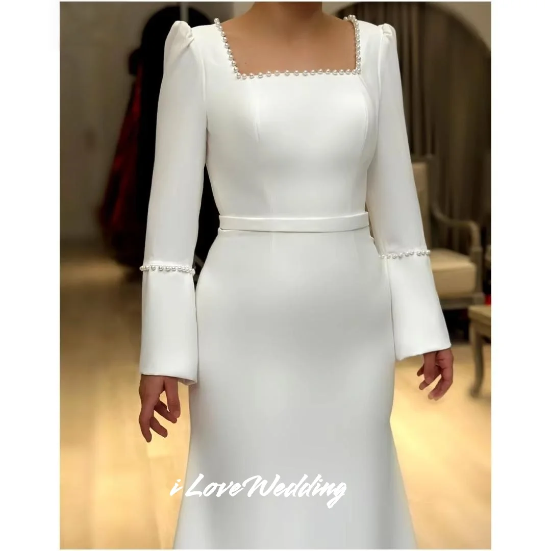 

White Square Collar Wedding Dress 2025 Long Sleeve Pearl Mermaid Floor-Length Prom Dress Pleated Wedding Party Dress Customized