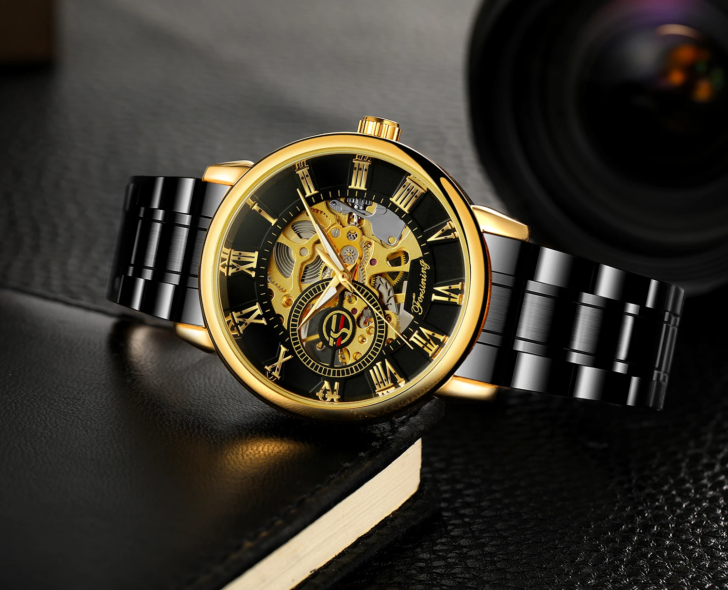 FORSINING Classic Hollow Men Wristwatch Mechanical Watch Stainless Steel Engraved Roman Numeral Luminous Pointers Skeleton Clock