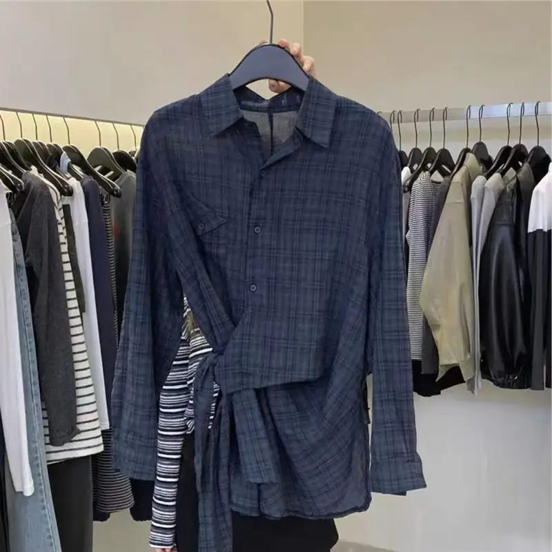 

Trendy Early Autumn Plaid Shirt Women's Loose Waist-Cinching Belted Top Commute Style Long Sleeve Girl's Fashion