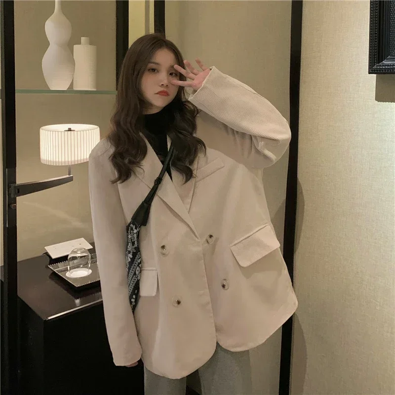 

Insozkdg Autumn/Winter Vintage Casual Short Corduroy Cotton Jacket Suit Coat British Style Double Breasted Blazer Women Clothing