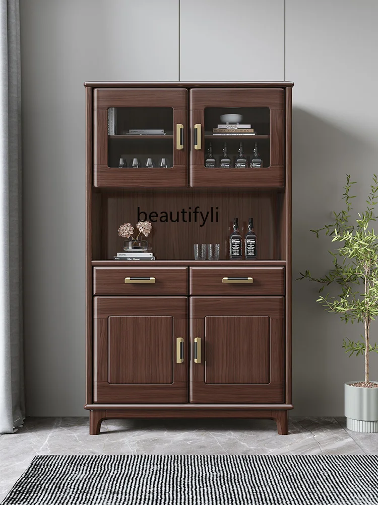 

New Chinese Style Solid Wood Sideboard Integrated Walnut Wine Cabinet Glass Wall Hallway Storage Cabinet