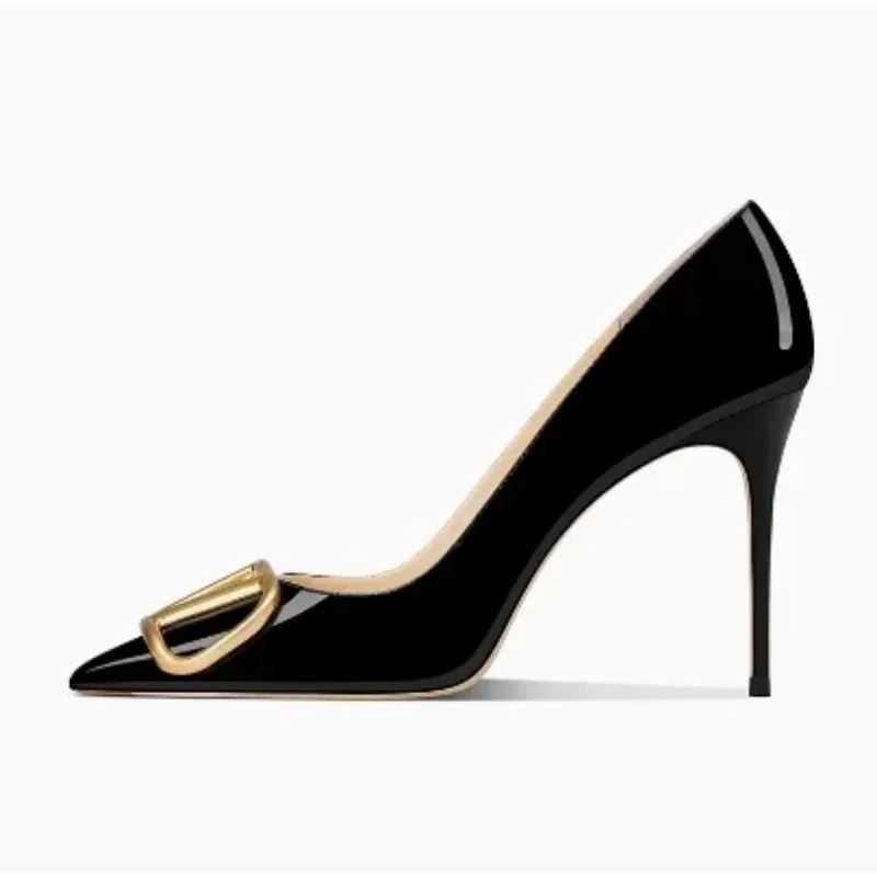 

Fashion Gray Bright High Heeled Pumps with V Buckle Spring Summer Sandals Pointed Toe Genuine Leather Heels