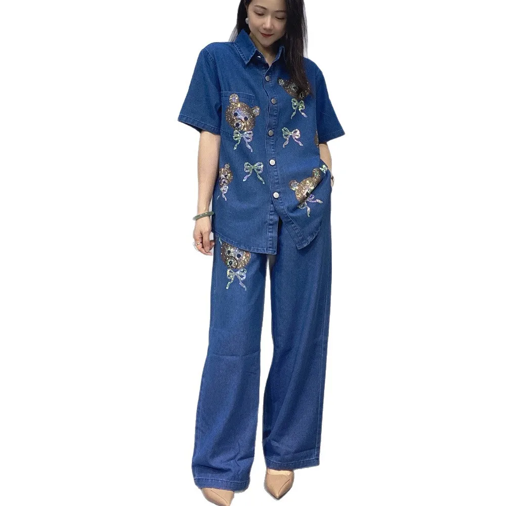 Loose Denim Suit Hot Diamond Short Sleeve Shirt and Elastic Waist Wide Leg Pants Two-piece Sets Women's Outfits