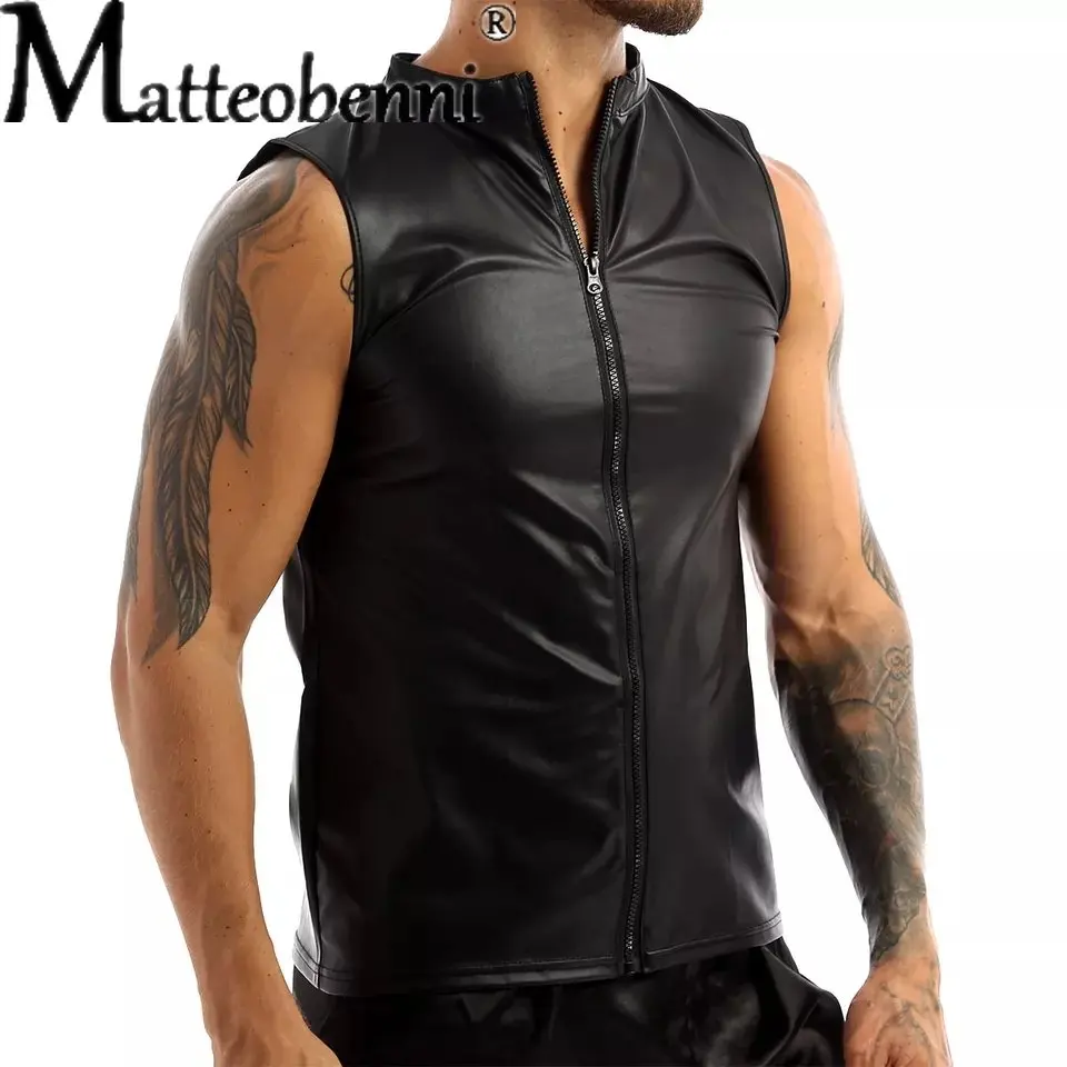 Plus Size Mens Sexy Faux Leather Sleeveless Shirts Erotic Shaping Stretch Tank Tops Male Shiny Leather,Latex Top Fetish Lingerie