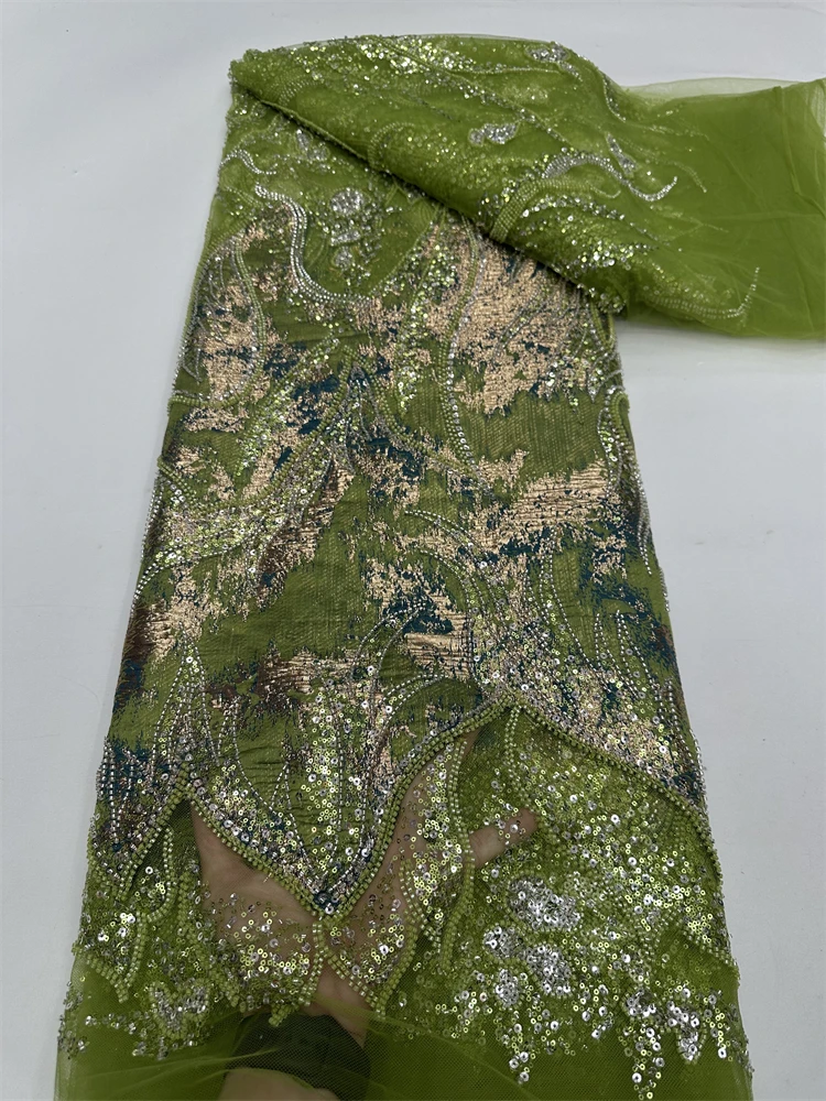 ผ้าลูกไม้ลวดลายแบบแอฟริกันล่าสุด ปี 2025 ผ้าลูกไม้ตาข่ายปักเลื่อมฝรั่งเศสหรูหรา ประดับด้วยลูกปัดทำมือคุณภาพสูงสำหรับชุดแต่งงาน