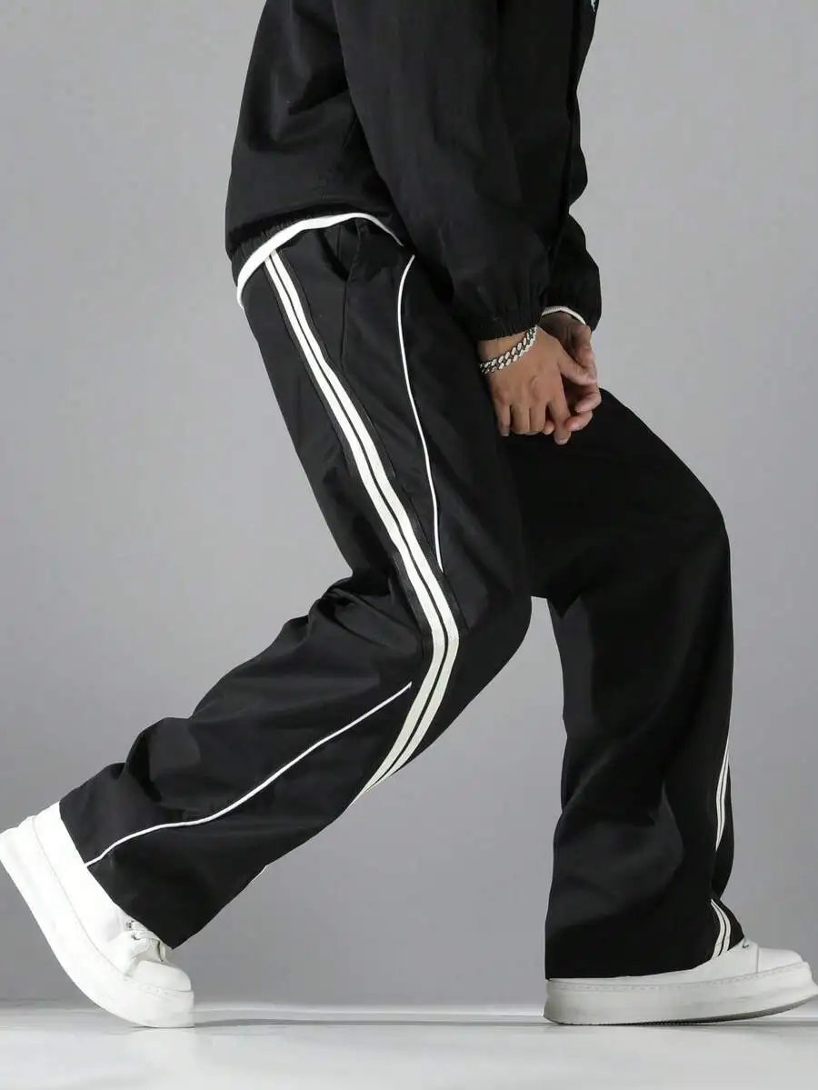 1pc Fashionable Sporty Casual Straight Loose Wide-Leg Pants, Featuring Stylish Ribbed Tape Inserts, Contrast Binding Design,