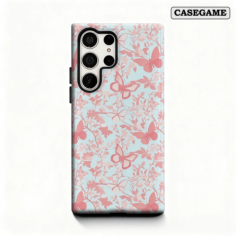 Casegame Phone Case for Samsung Galaxy S26 S25 Ultra S24 S23 Plus Shockproof Double Layer Tough Back Pink Butterfly Floral Cover