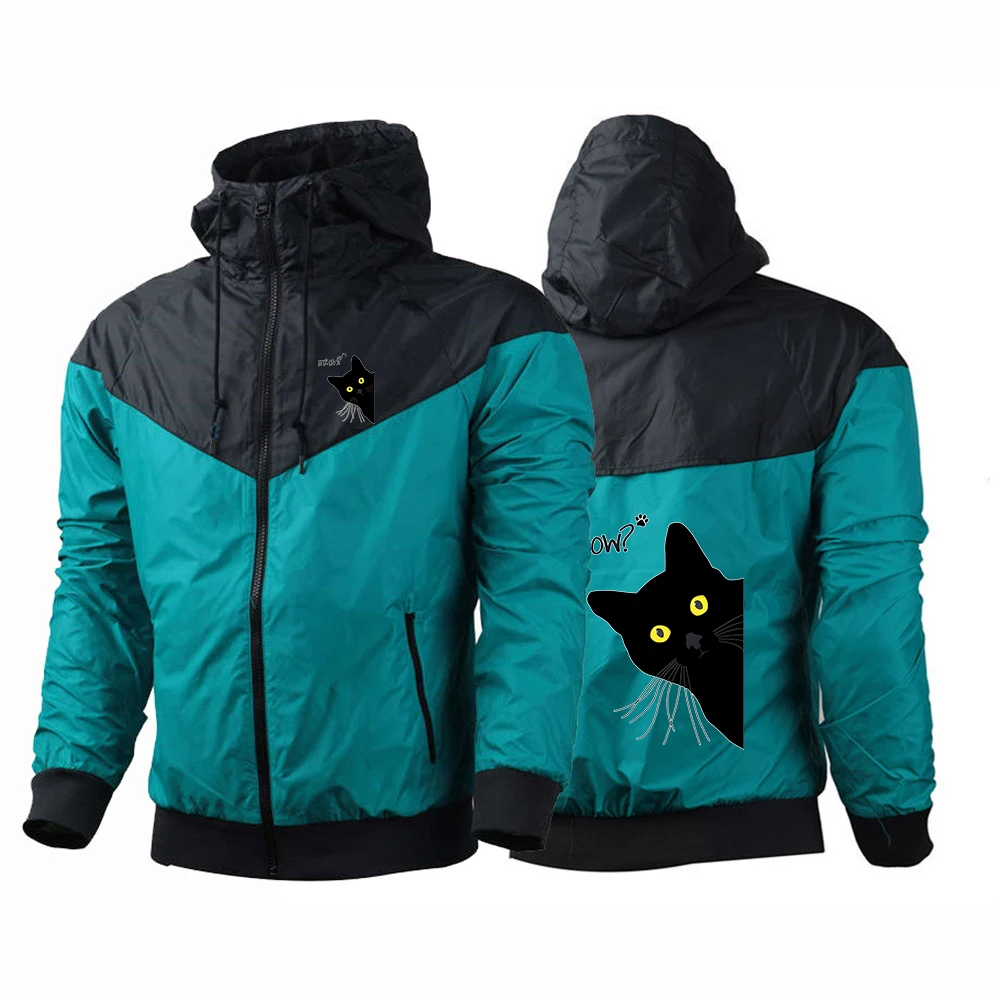 Black Cat Funny Logo Print 2026 Spring And Autumn New Sports Camping Mountaineering Fashion Men's Windproof Hooded Simple Jacket