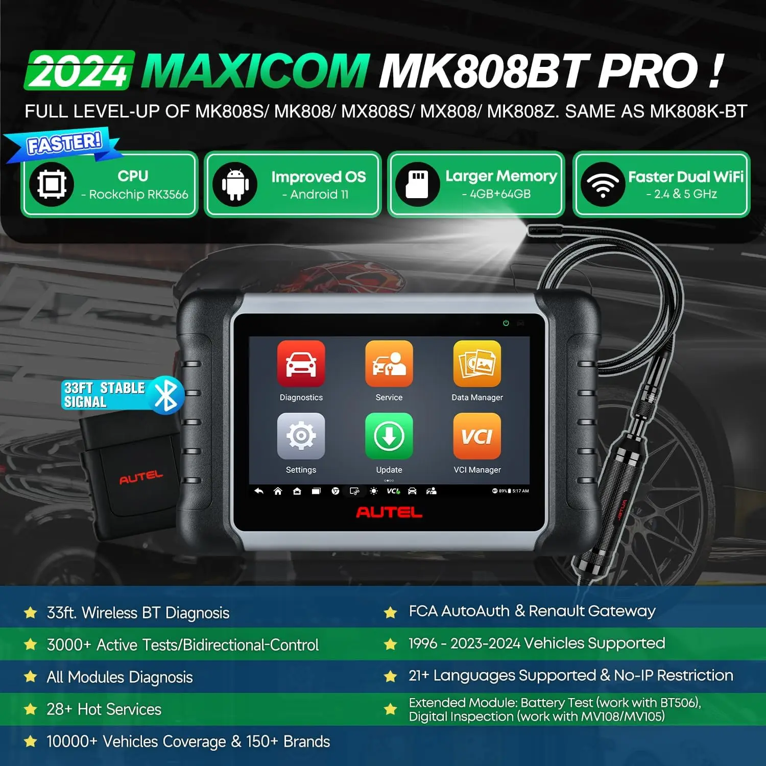 Autel maxicom MK808BT Pro W/$60 MV108S, แอนดรอยด์11, 2024เครื่องมือสแกนสองทิศทางแบบเต็ม MX808S MK808S MK808BT