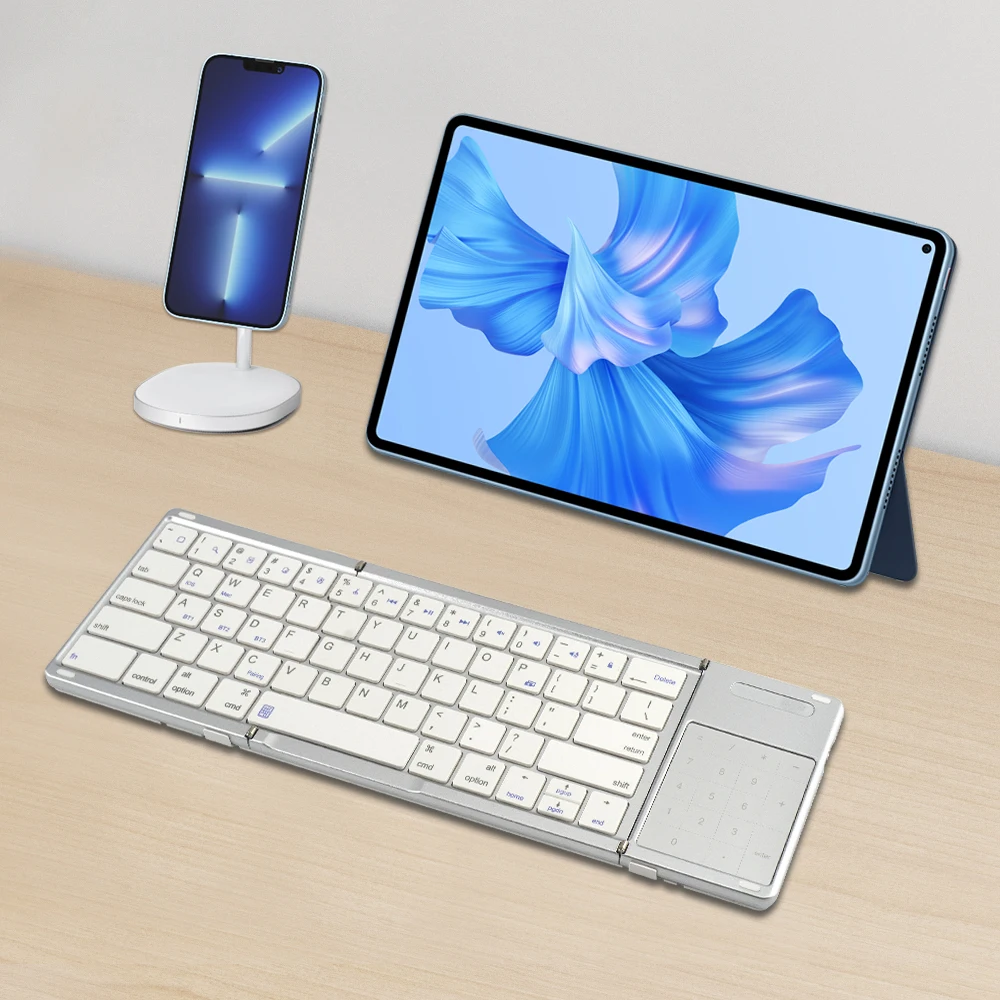 

64 Keys Wireless Bluetooth Tri-fold Keyboard Touchpad Aluminum Rechargeable Ultra Slim Portable Folding Keyboard