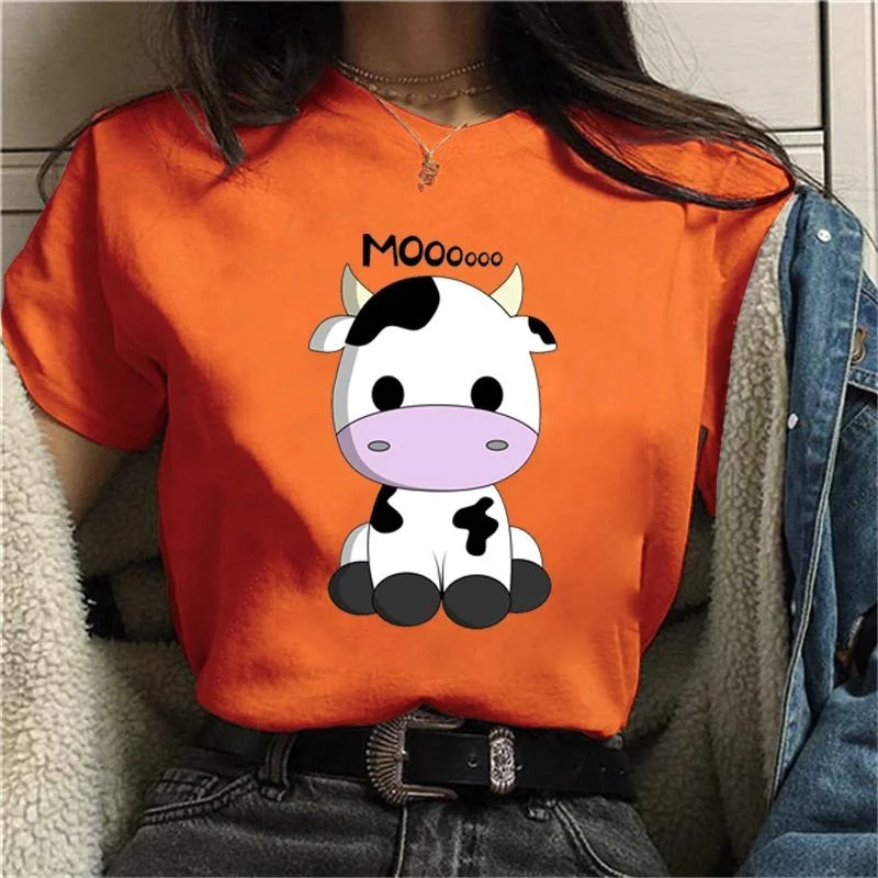 Cute Cows Heifer Moo Graphic Print T-shirt Women Fashion Crew Neck Short Sleeve Streetwear Casual Personality Tops