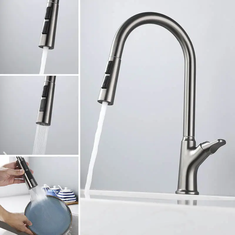 سطح جبل ثقب واحد سحب أسفل بالوعة الحنفيات الحديثة مزدوجة وظيفة بالوعة المطبخ صنبور مقبض واحد الباردة الساخنة خلاط الصنابير رمادي #4