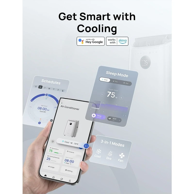 Condicionadores de ar portáteis, unidade CA de 12.000 BTU para quarto com resfriamento sem drenagem, silencioso de 46dB, APP/voz/controle remoto, temporizador 24h