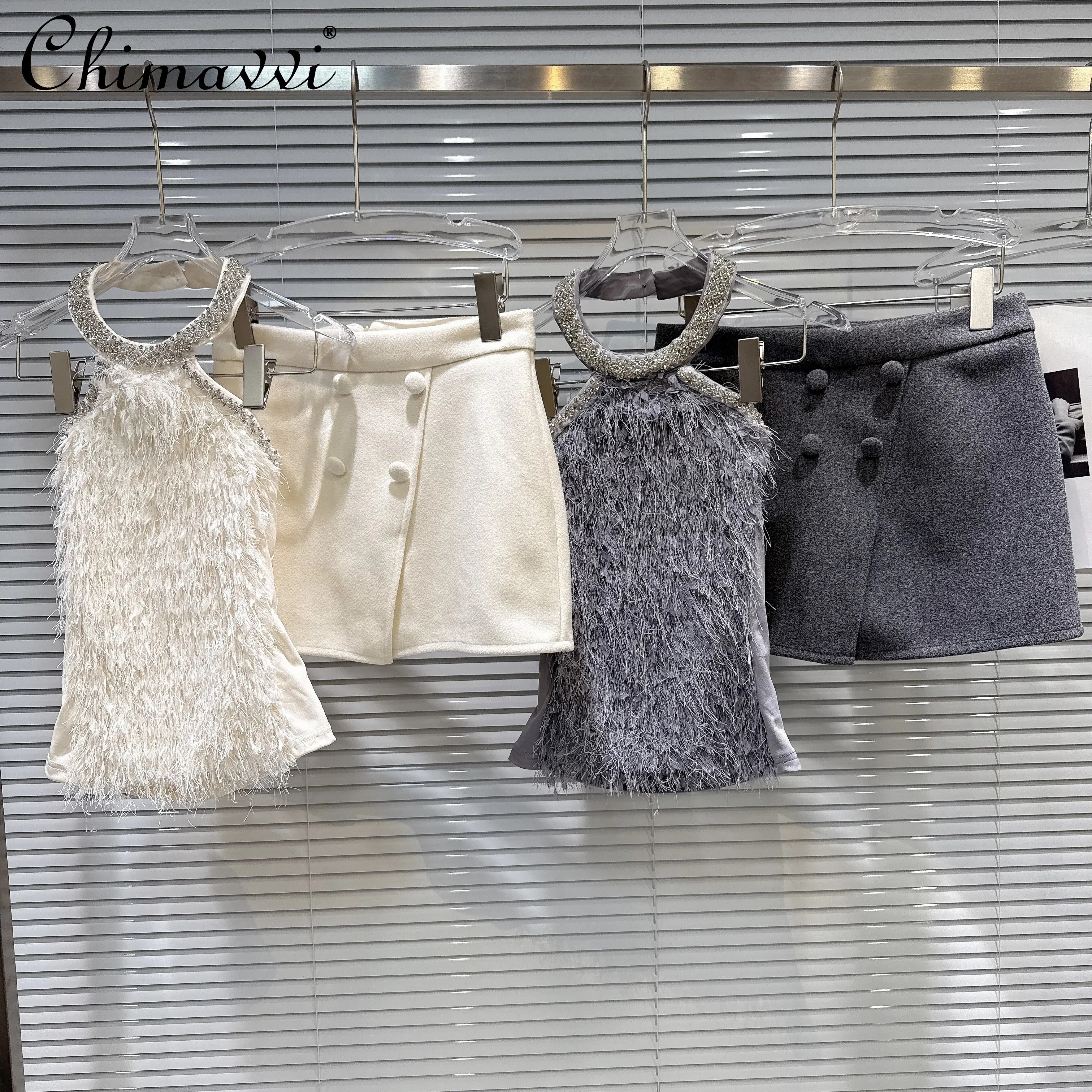 

2026 Spring French Style Elegant Socialite Rhinestone Halter Neck Furry Sexy Tops Woolen Short Skirts Two-Piece Set for Women