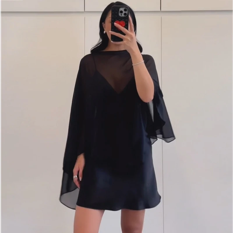 여성용 케이프 스타일 숏 드레스 비대칭 새틴 파티 드레스 반투명 러플 드레스 여성 섹시 나이트 드레스